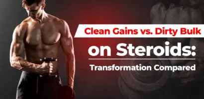 Side by side transformation comparing clean gains and dirty bulk on steroids