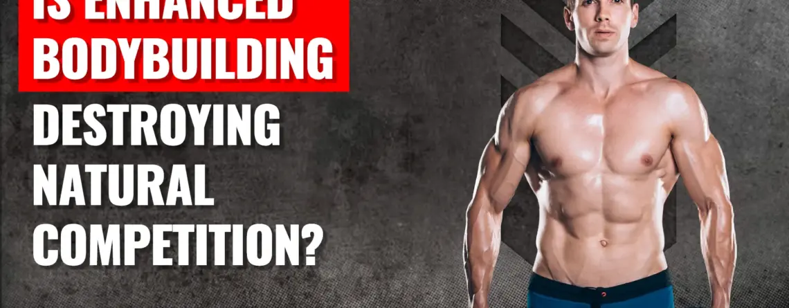 Natural and enhanced bodybuilders on stage showing the contrast between physiques