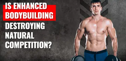 Natural and enhanced bodybuilders on stage showing the contrast between physiques