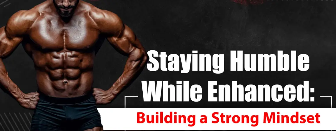 Bodybuilder training with discipline, showing humility and focus while enhanced