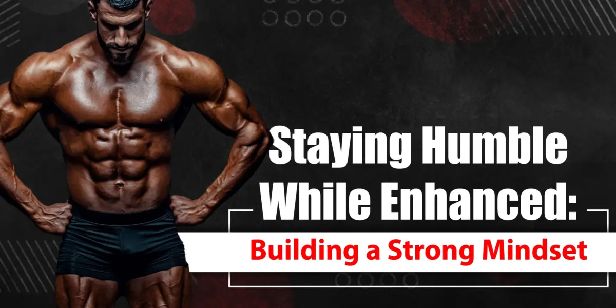 Bodybuilder training with discipline, showing humility and focus while enhanced