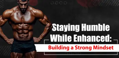 Bodybuilder training with discipline, showing humility and focus while enhanced