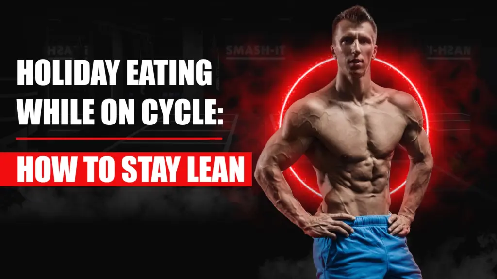 Bodybuilder enjoying balanced holiday meal while staying lean on cycle
