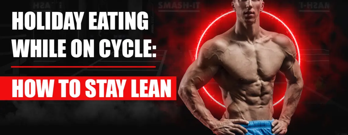 Bodybuilder enjoying balanced holiday meal while staying lean on cycle