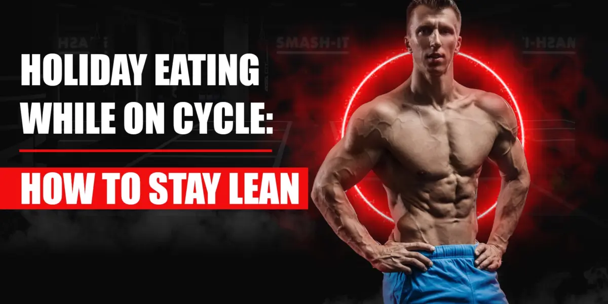 Bodybuilder enjoying balanced holiday meal while staying lean on cycle