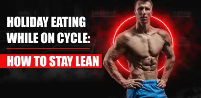 Bodybuilder enjoying balanced holiday meal while staying lean on cycle