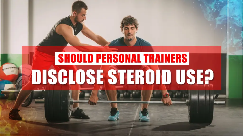 Personal trainer discussing steroid disclosure with a client in the gym.