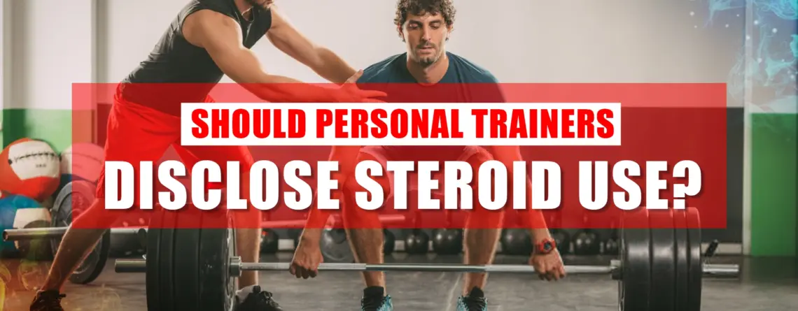 Personal trainer discussing steroid disclosure with a client in the gym.