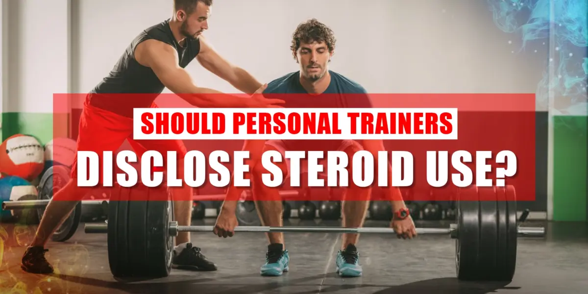 Personal trainer discussing steroid disclosure with a client in the gym.