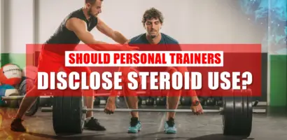 Personal trainer discussing steroid disclosure with a client in the gym.