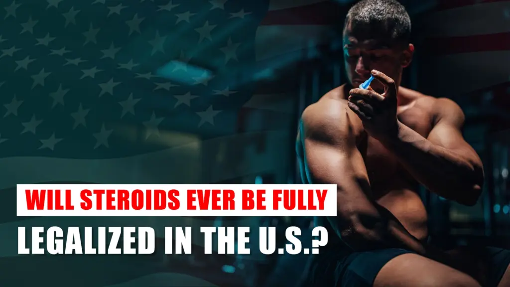 A man holding a dumbbell with medical vials of anabolic steroids beside him, symbolizing the debate on steroid legalization in the USA.