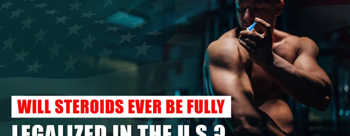 A man holding a dumbbell with medical vials of anabolic steroids beside him, symbolizing the debate on steroid legalization in the USA.