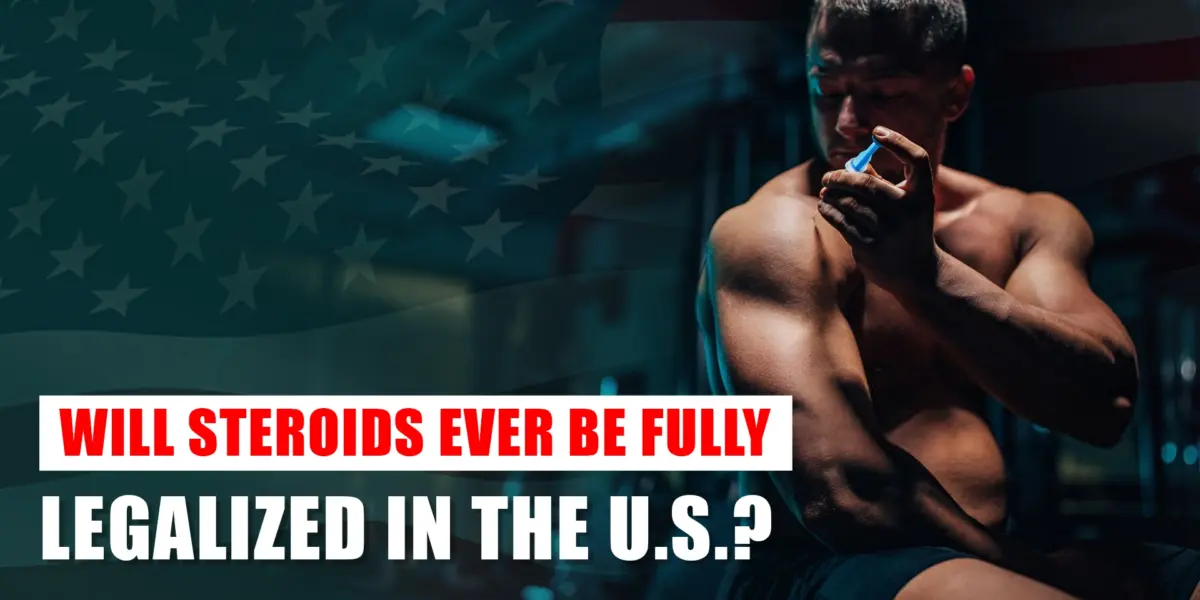 A man holding a dumbbell with medical vials of anabolic steroids beside him, symbolizing the debate on steroid legalization in the USA.