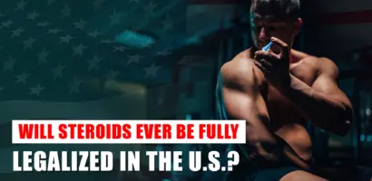 A man holding a dumbbell with medical vials of anabolic steroids beside him, symbolizing the debate on steroid legalization in the USA.
