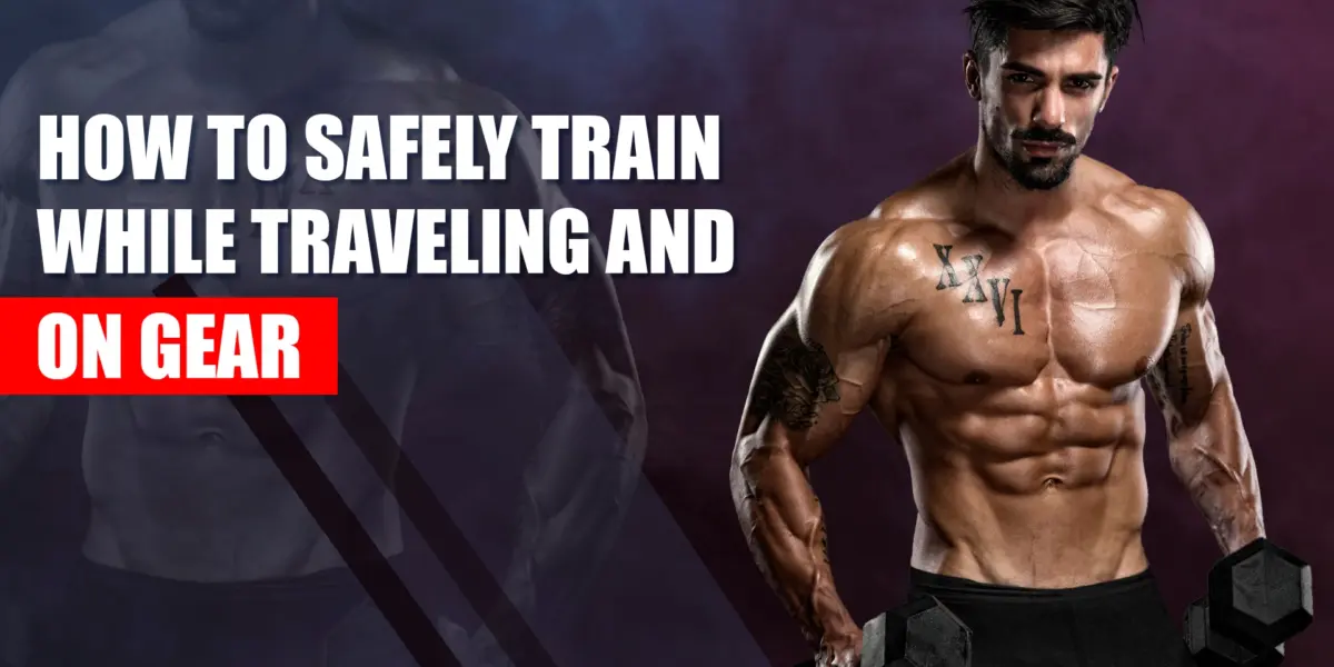Man training in a gym while traveling and maintaining his steroid cycle safely