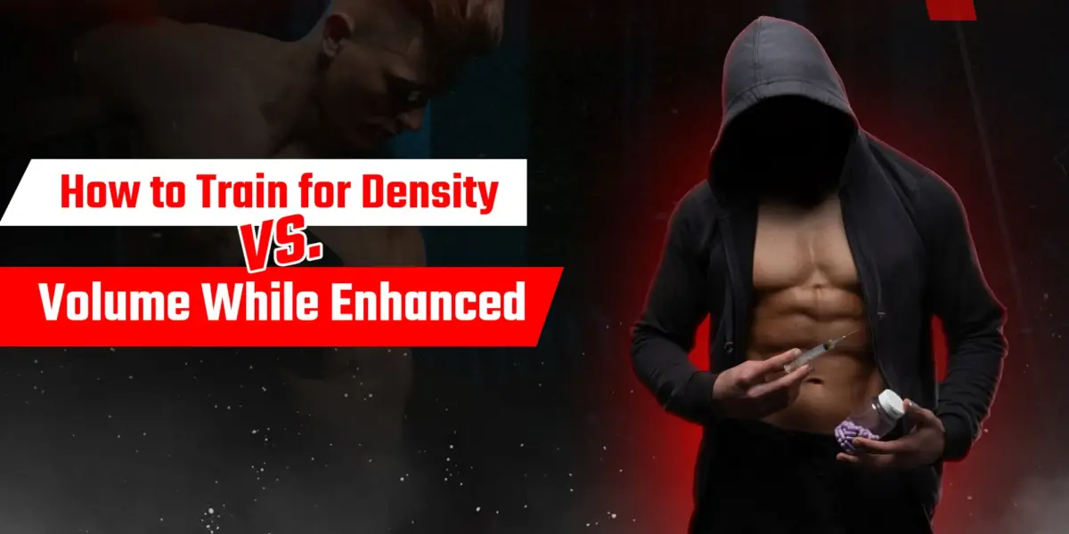 Enhanced athlete explaining density versus volume training for muscle growth and recovery