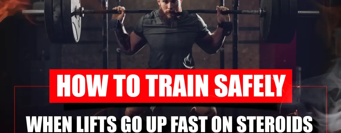 Athlete training safely with heavy weights while focusing on proper form and joint protection during rapid steroid strength gains