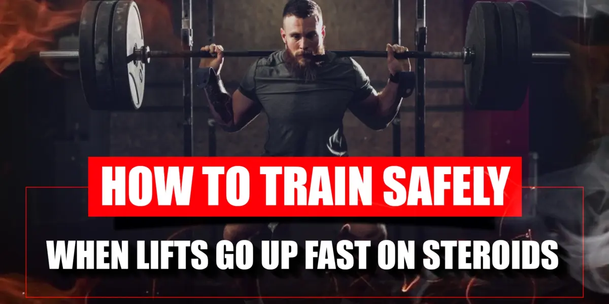 Athlete training safely with heavy weights while focusing on proper form and joint protection during rapid steroid strength gains